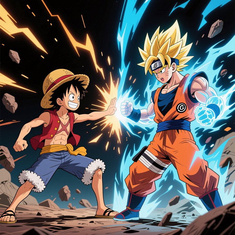 Monkey D. Luffy clashes fists with a fused shonen crossover fighter in an intense battle standoff