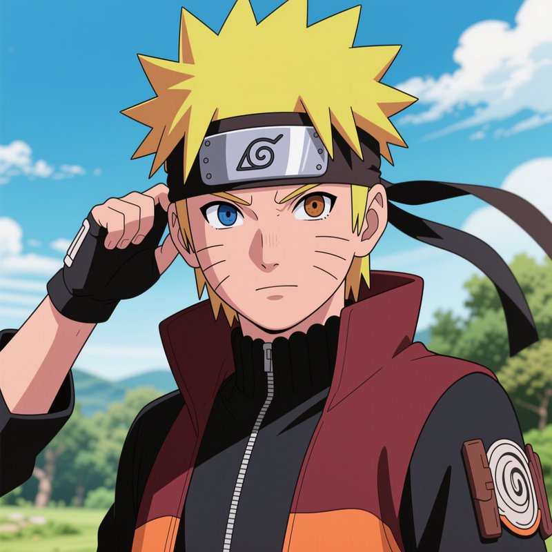 Uzumaki Naruto adjusts his Konoha headband while looking directly at the viewer in a bright outdoor countryside setting