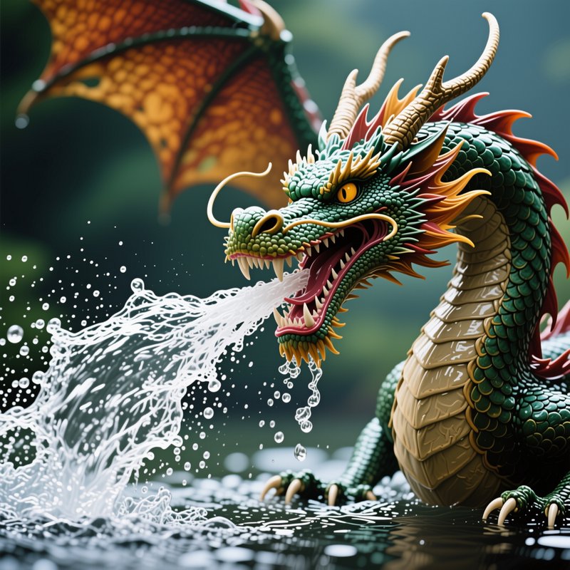 Ornate green eastern dragon spouting water while rising from a misty forest pool