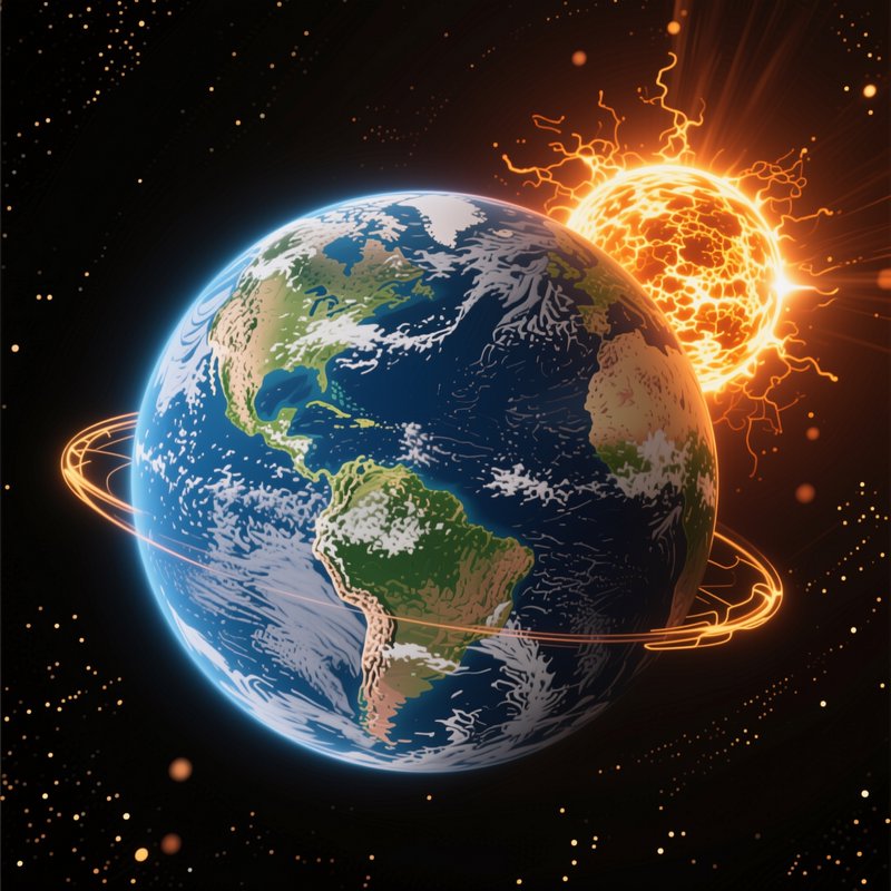 Stylized planet Earth with a glowing orbital ring sits beside a flaring sun in dark starry outer space