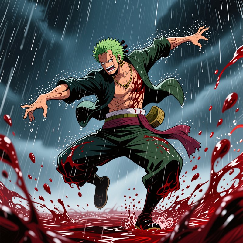 Roronoa Zoro in combat stance surrounded by blood splatter under a stormy rainy sky