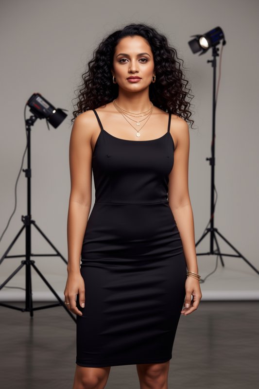 Confident woman with curly dark hair in a fitted black slip dress posing in a professional photography studio