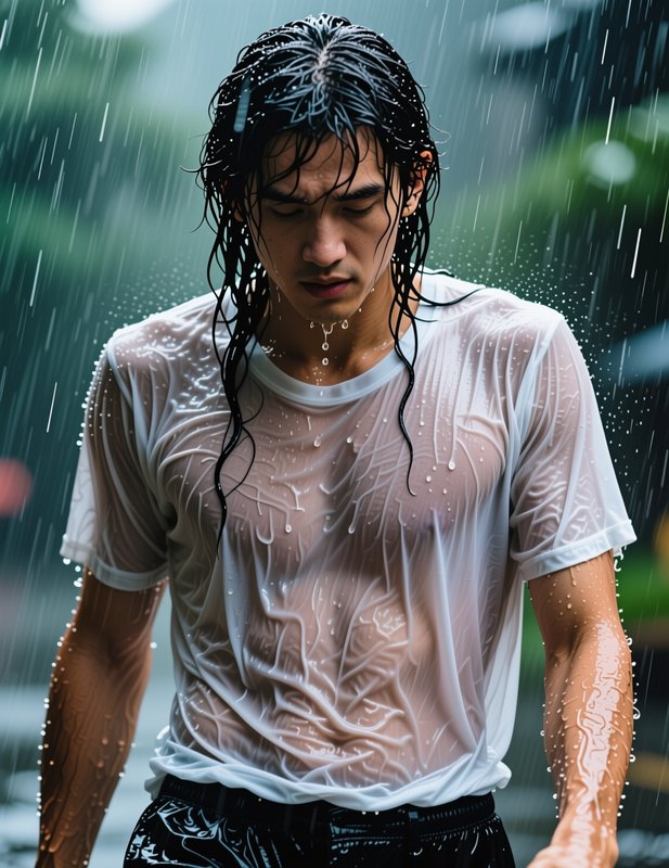 Young East Asian man stands soaked in heavy rain, head bowed with saturated hair and clinging wet shirt