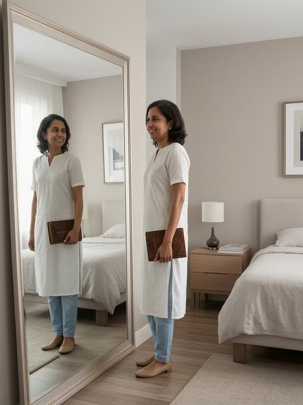 Smiling South Asian woman holding a leather notebook looks at her reflection in a tall full length bedroom mirror