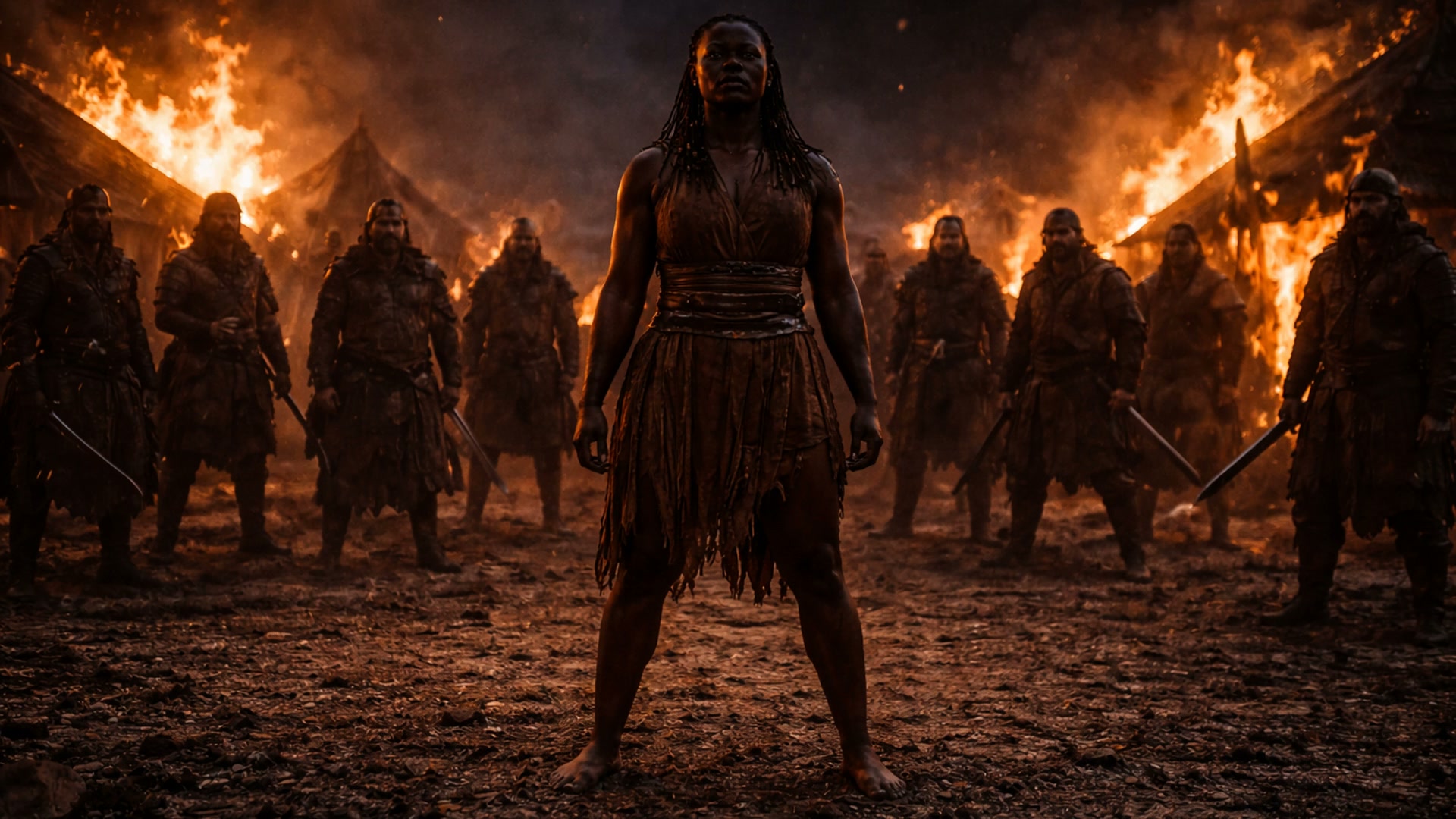 Central female warrior stands barefoot on a scorched battlefield with flames and armored soldiers...