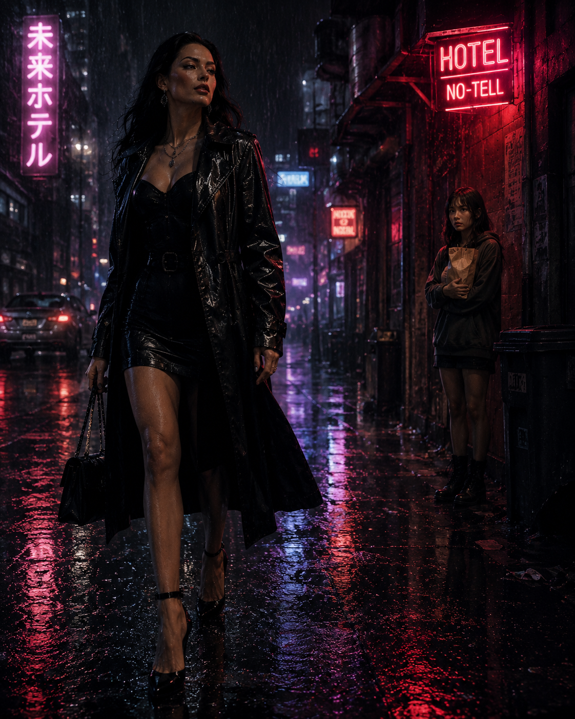 Fashion-forward woman in a black leather coat walks the neon-lit, rain-soaked city street at night.