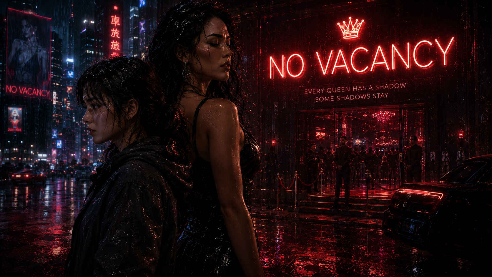 Rain-soaked urban street at night with two figures in foreground and a red neon "NO VACANCY" sign behind.
