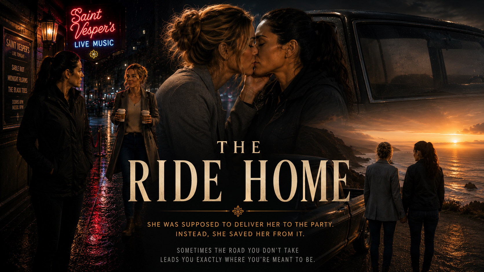 Movie poster for The Ride Home featuring two women kissing by a coastal sunset and a parked van.