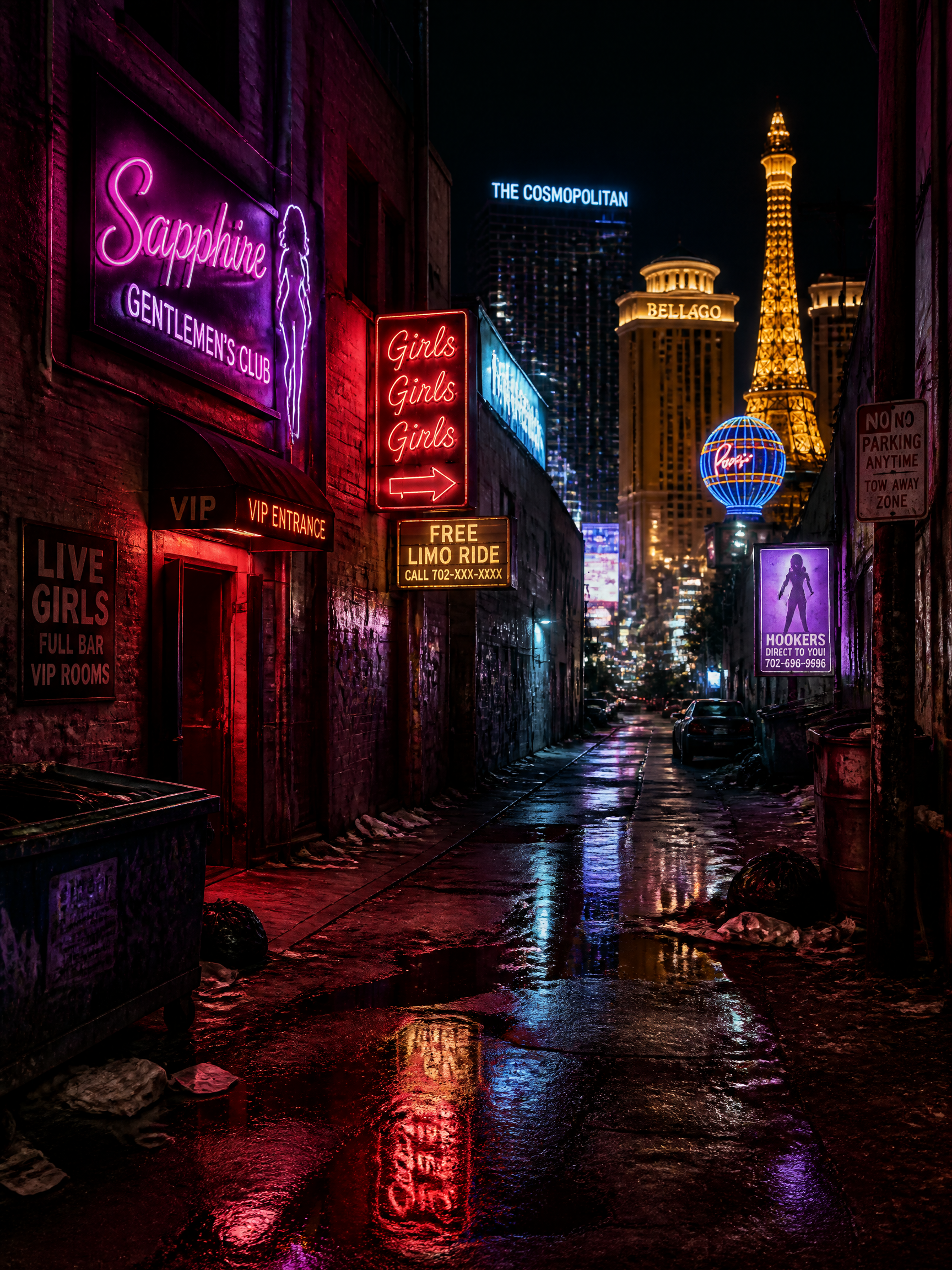 Neon-lit Las Vegas alley at night with wet pavement reflections and club/hotel signs.