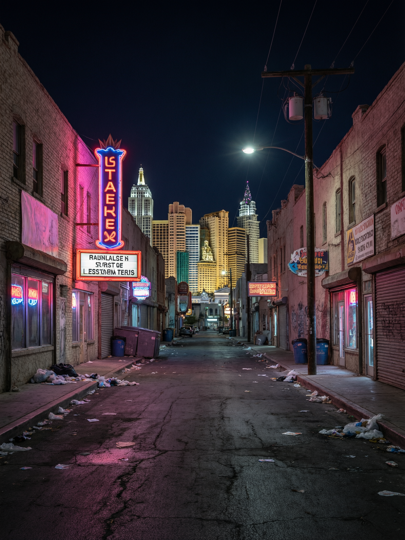 Neon-lit city alley at night with a glowing skyline in the distance and scattered trash along the curb.