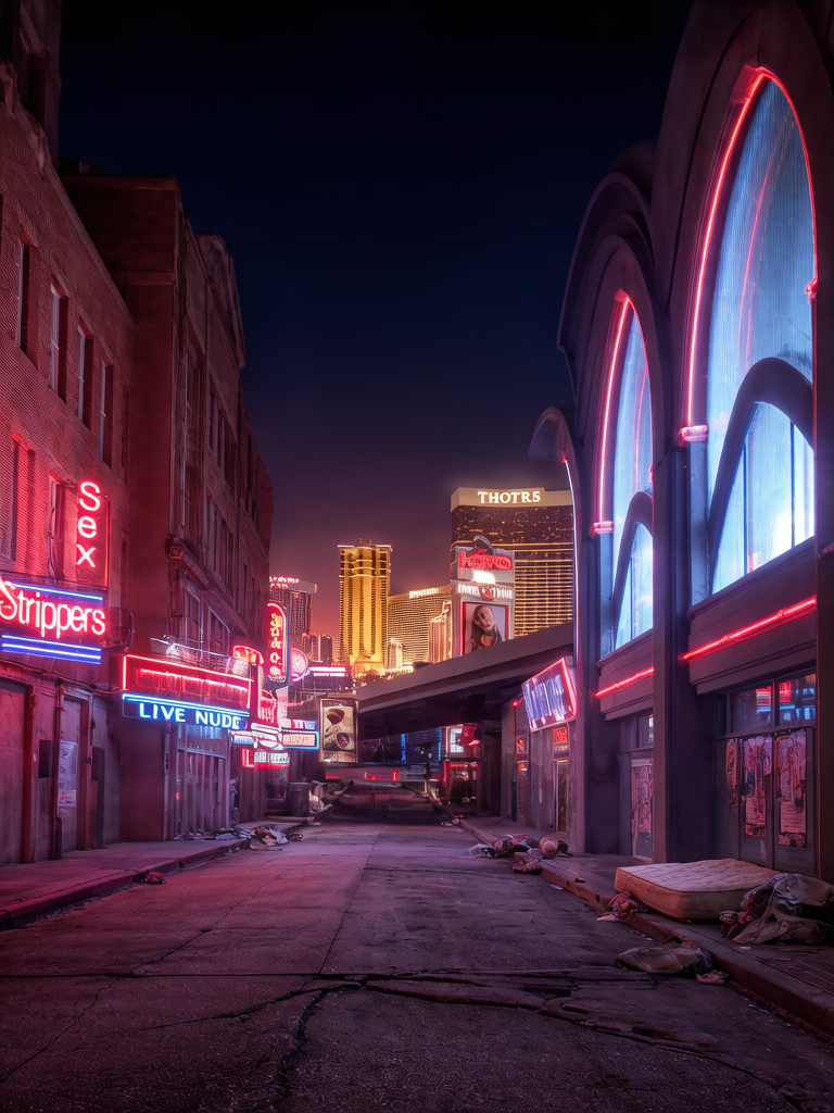 Night alley with neon signs and futuristic blue arches along a desolate urban street.