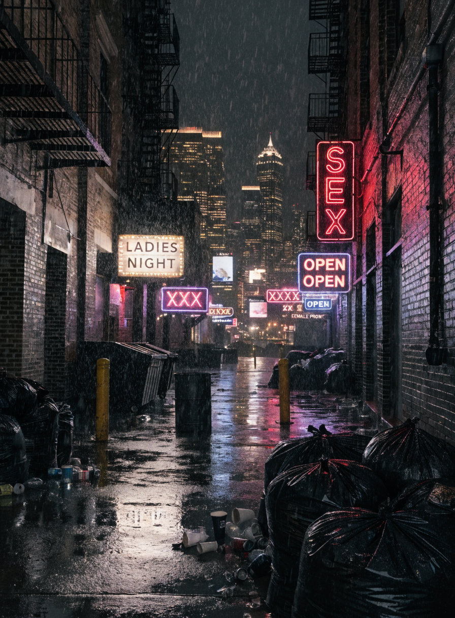 Rainy city alley at night with neon signs like SEX and LADIES NIGHT glowing over wet pavement.