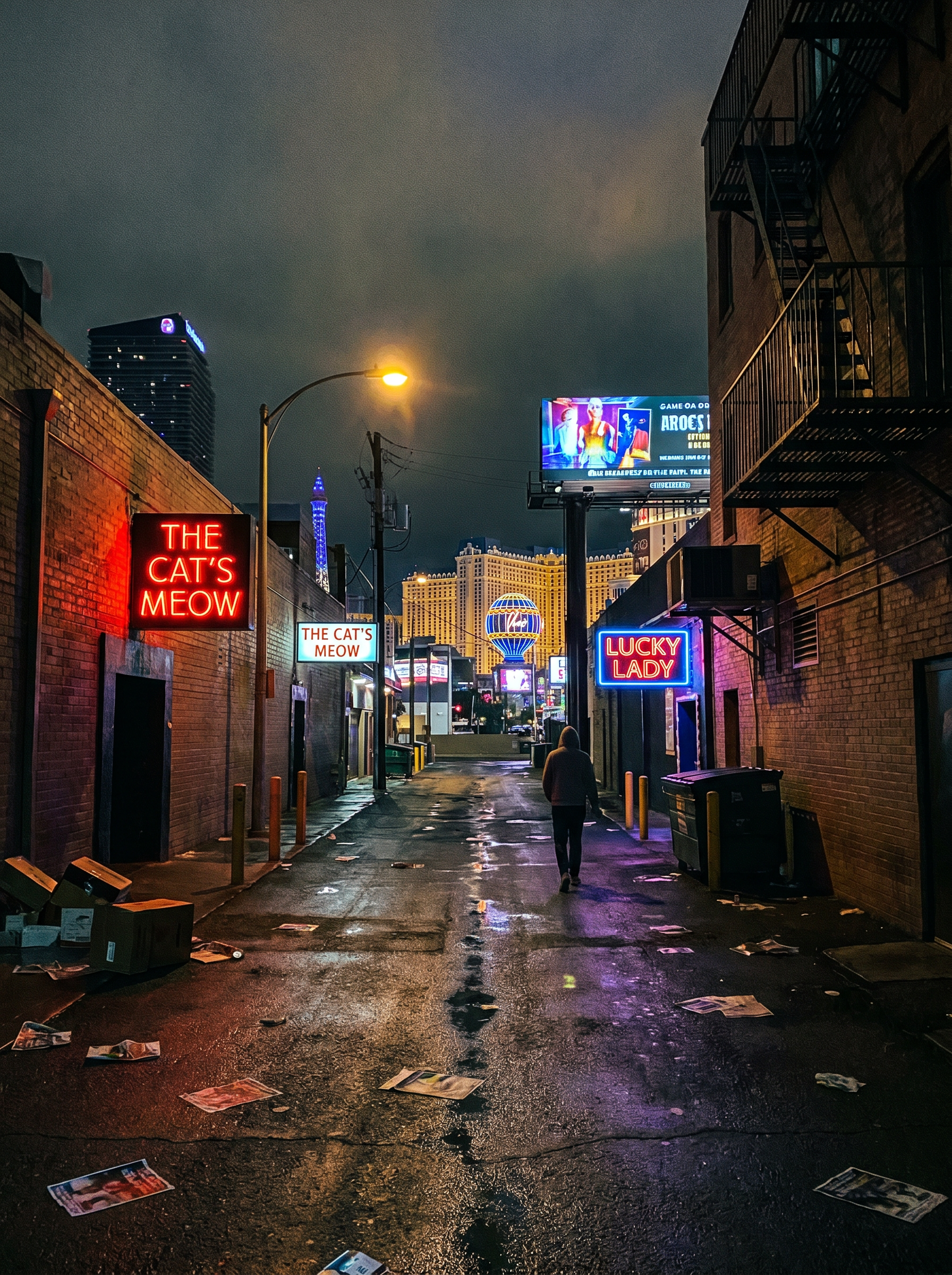 A night-time city alley with neon signs reading “THE CAT'S MEOW” and “LUCKY LADY,” a lone figure walking toward a ...