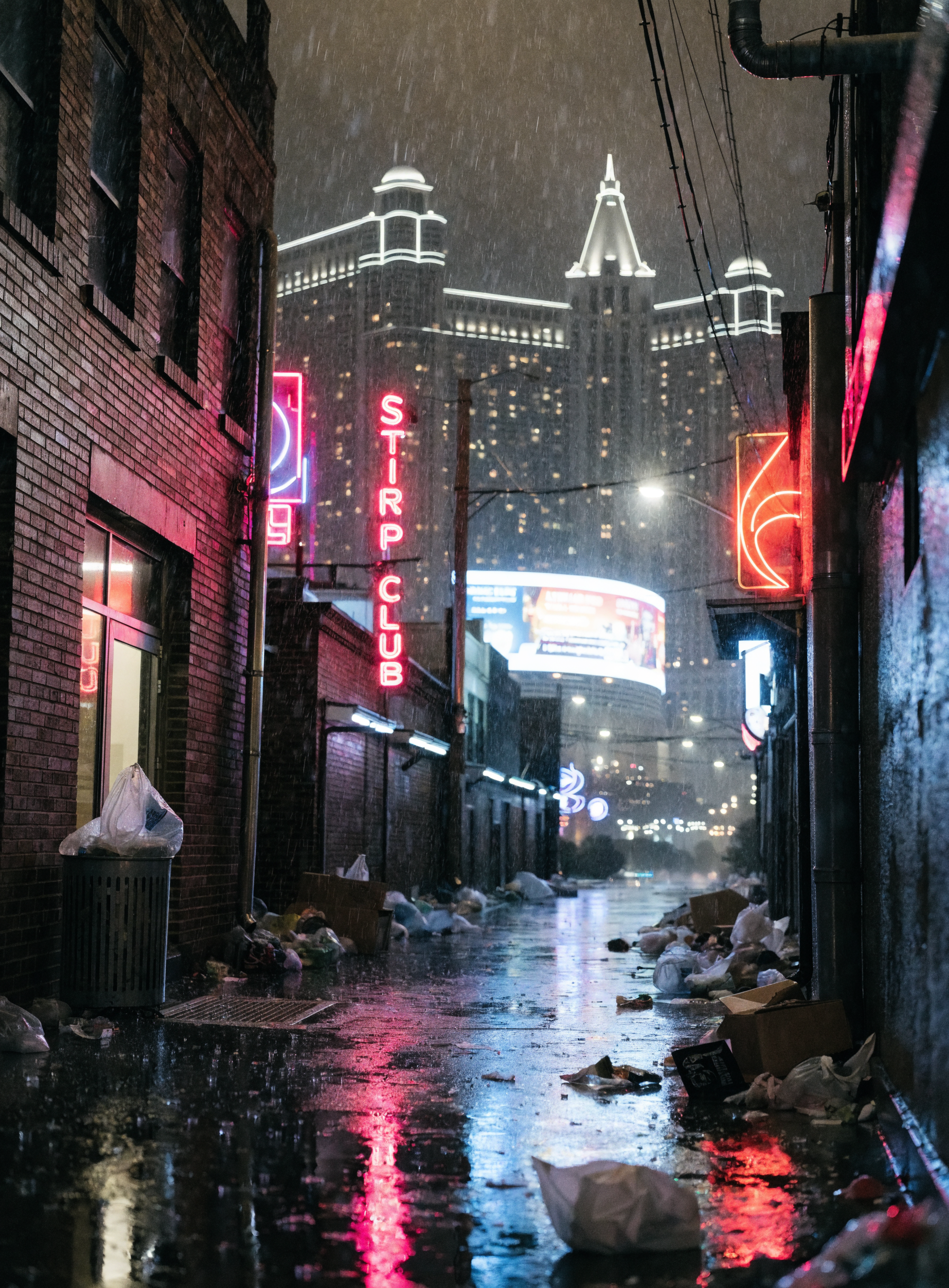Night alley with neon signs, rain-slick pavement, and city skyline reflections.