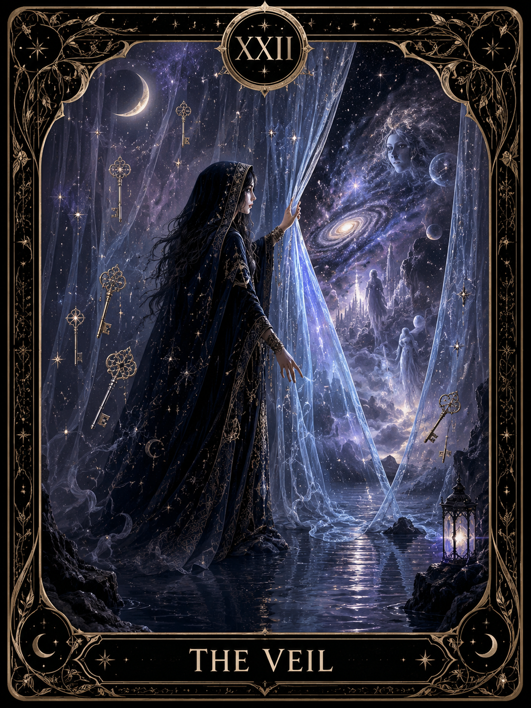 Mystical woman in a dark cloak lifts a translucent veil amid stars, keys, and a cosmic gateway.