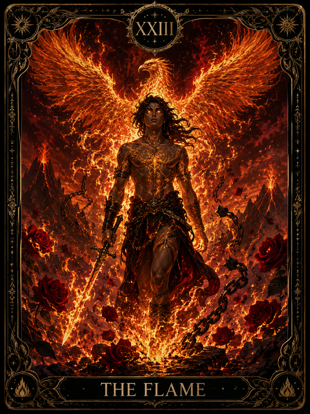 Fiery warrior with blazing phoenix wings, engulfed in flames and molten lava.