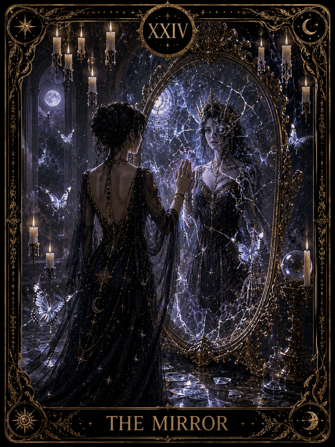Gothic fantasy scene of a woman in a black gown gazing into an ornate mirror surrounded by candles, butterflies, and cobwebs.