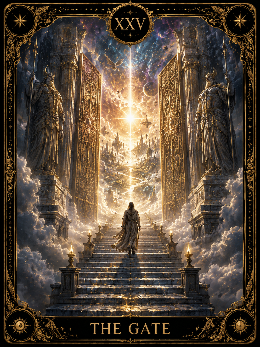 A lone figure ascends a grand stone staircase toward glowing celestial gates framed by ornate statues.