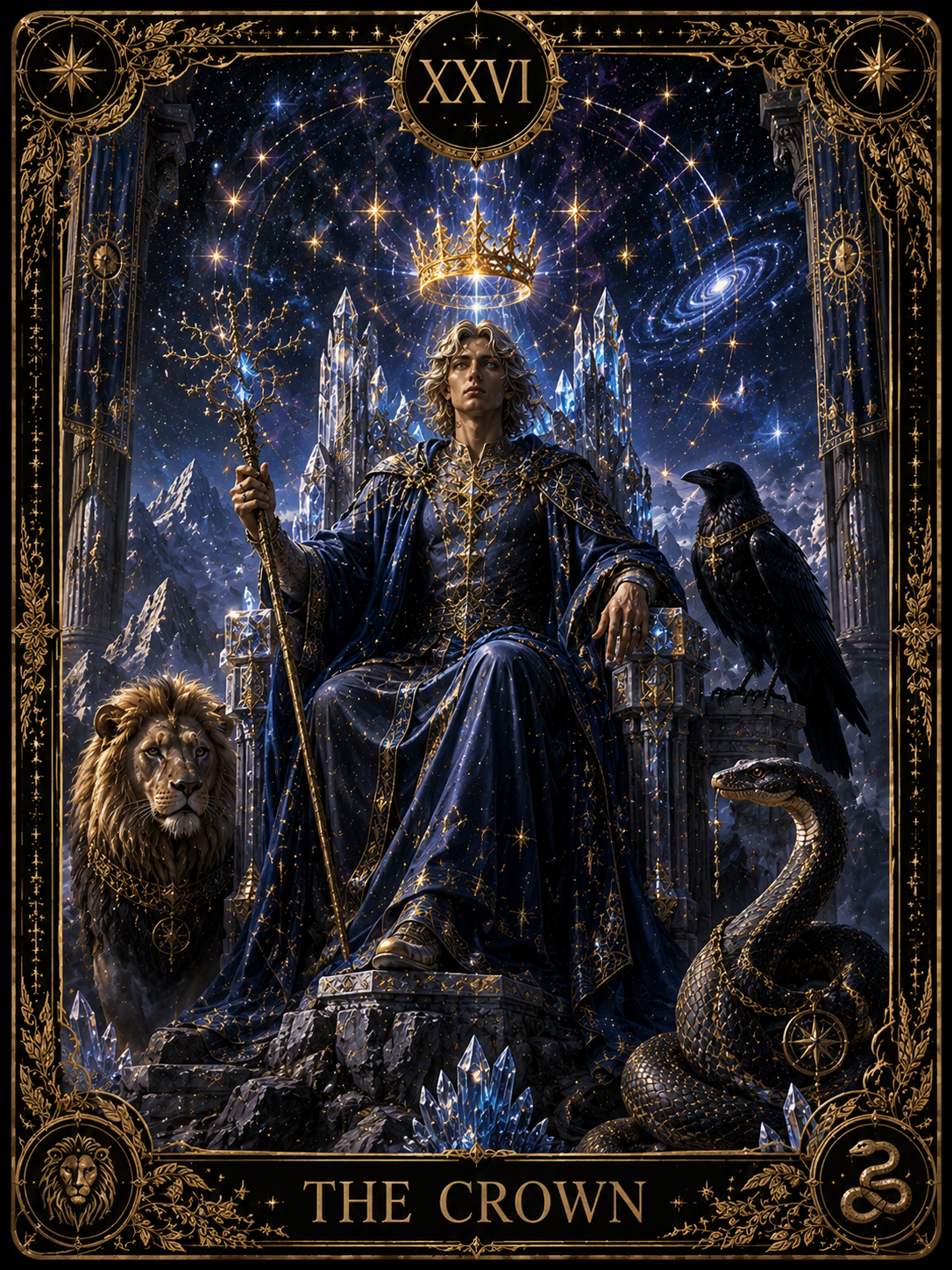 Regal king on a jeweled throne with crown, flanked by a lion, a raven, and a snake, in a crystal-ready, starry throne room.