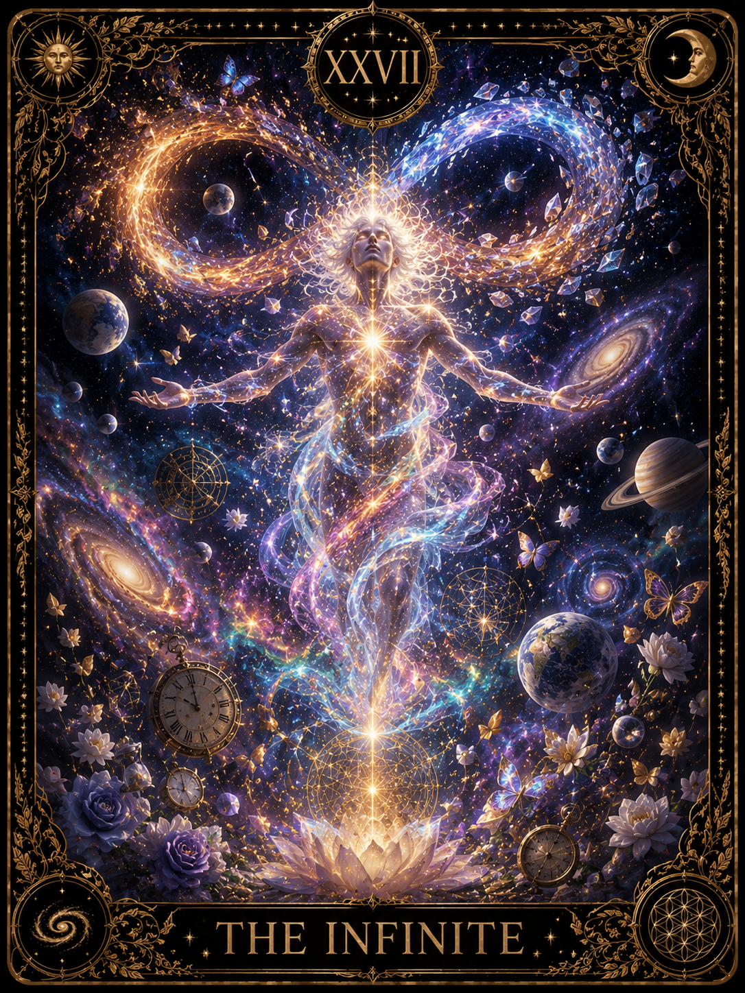 Celestial woman levitating with radiant energy amid galaxies, planets, and lotus blossoms.
