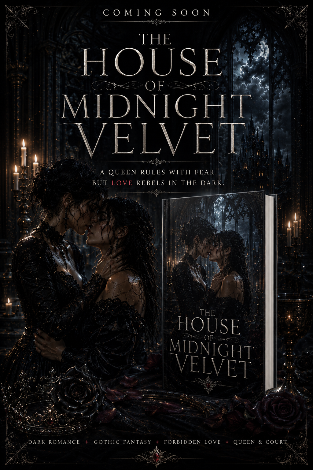 Dark gothic book cover featuring a couple kissing in candlelit surroundings, with the title "The House of Midnight Velvet."