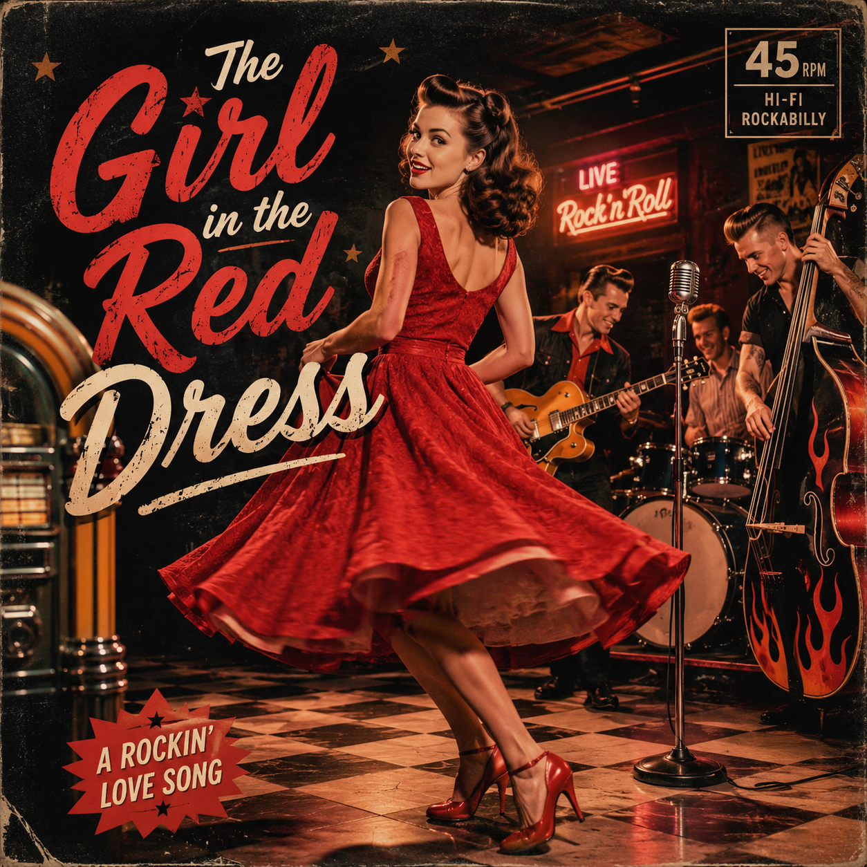 Vintage 1950s rockabilly poster featuring a woman in a red dress dancing with a live band.