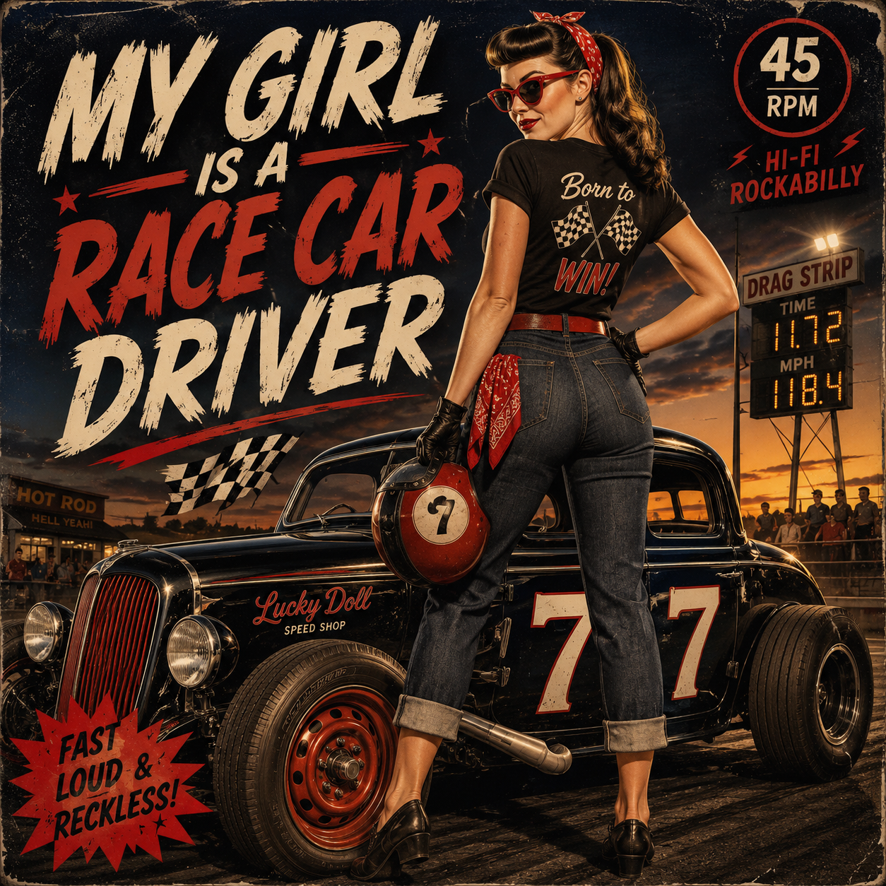 Retro pin-up woman in jeans and headscarf beside a vintage race car on a dramatic poster.