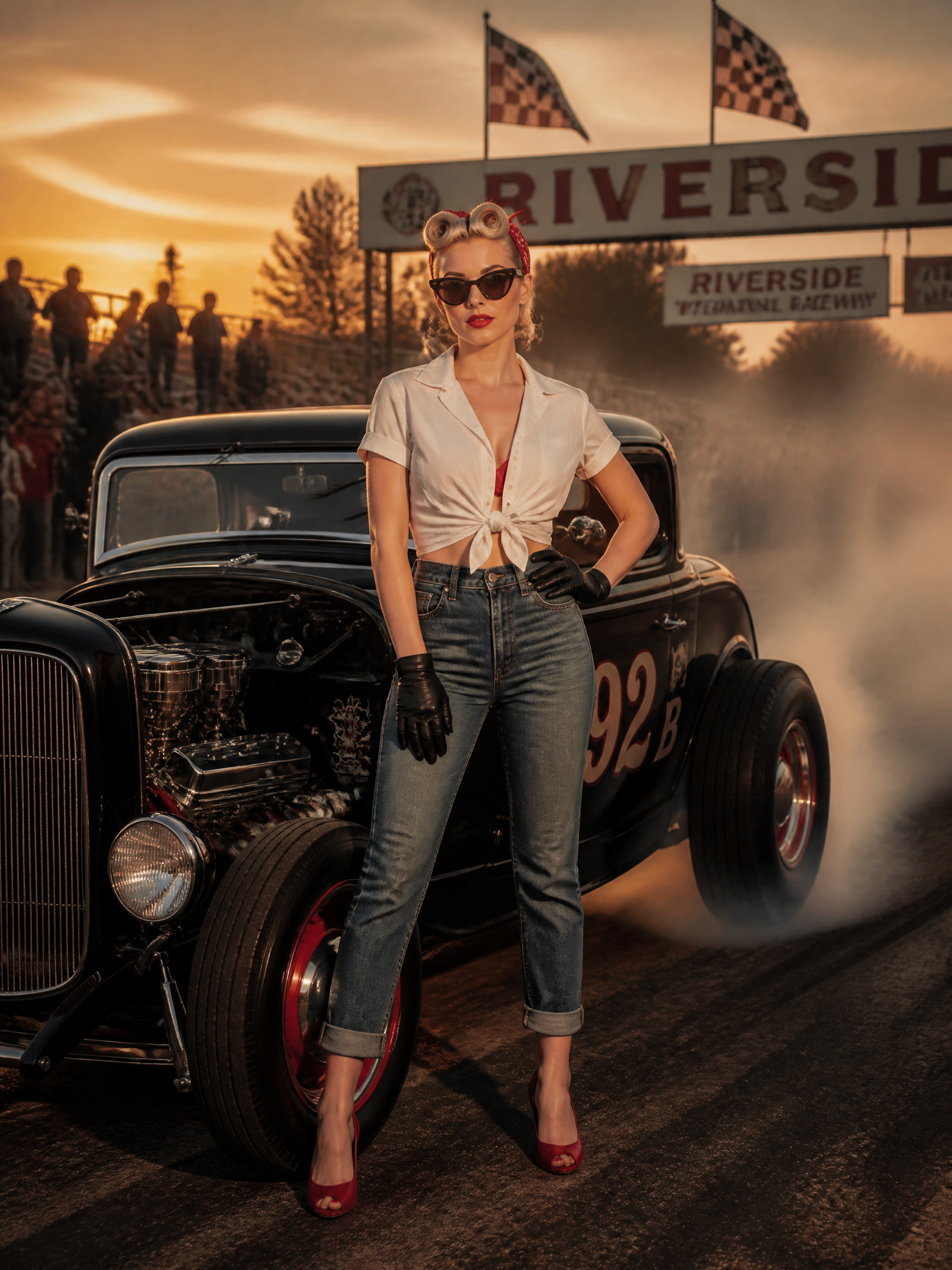 Pin-up woman in a tied white blouse and jeans standing beside a vintage hot rod at Riverside race track.