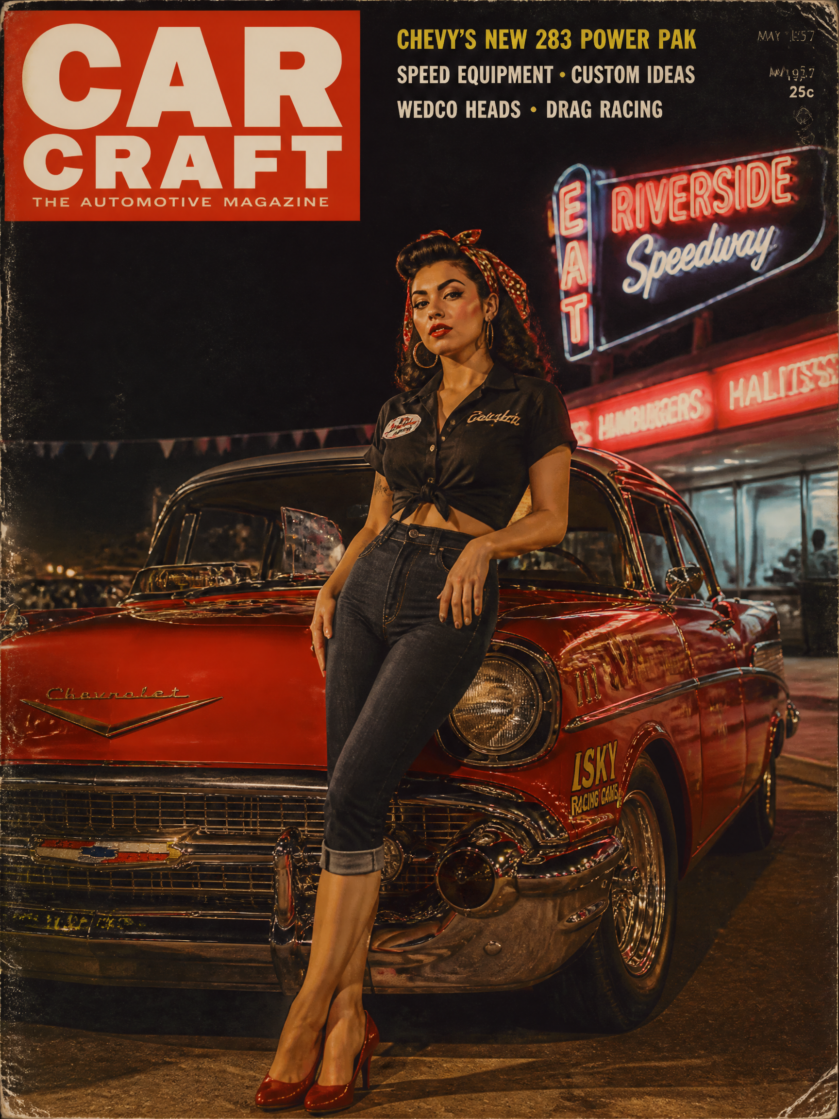 Pin-up modeled woman leaning on a vintage red Chevy at night on a Car Craft magazine cover.
