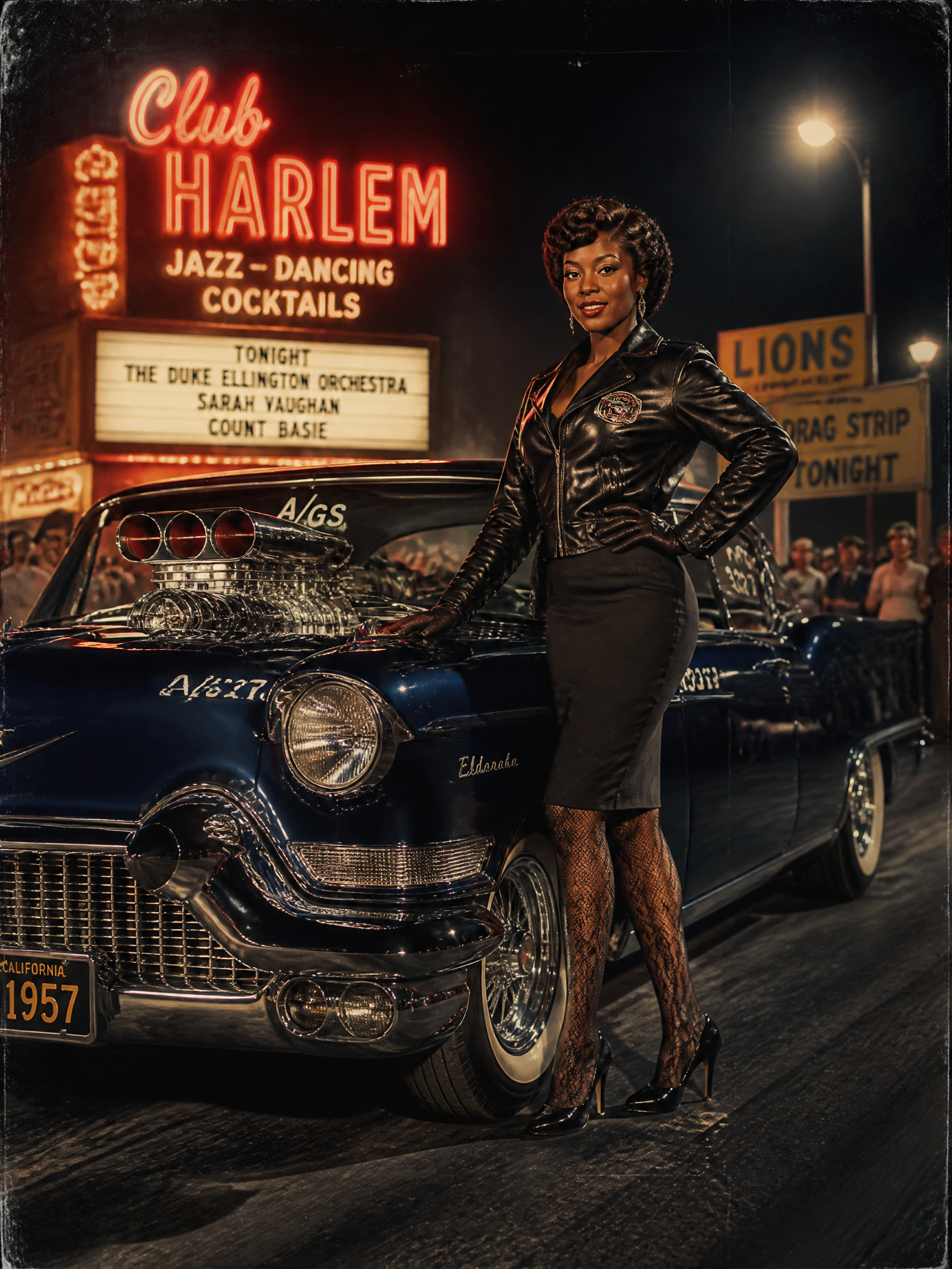 Woman in a black dress leaning on a glossy vintage car at a neon-lit Club Harlem backdrop.