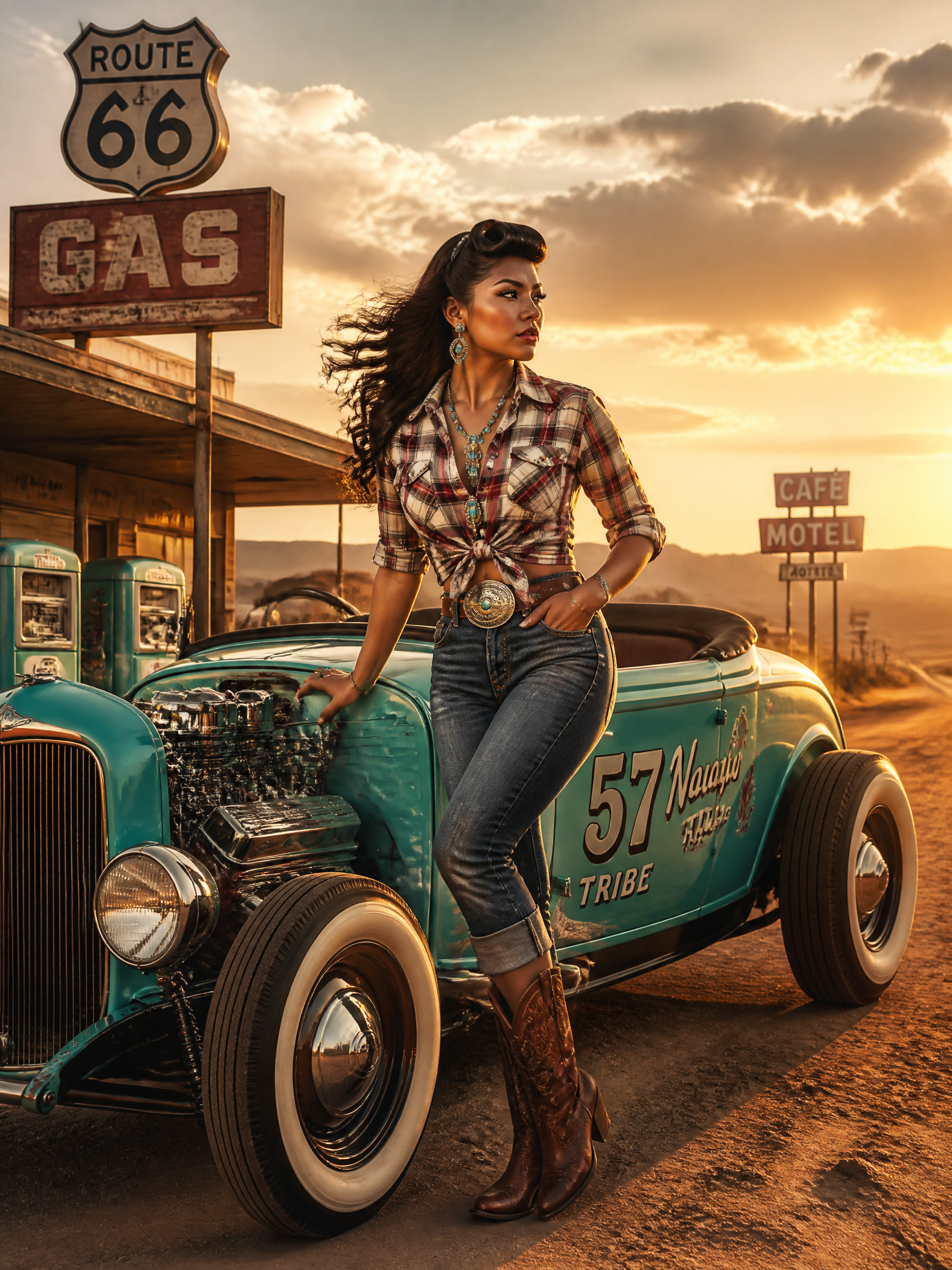 Stylish woman leaning on a turquoise vintage hot rod along Route 66 at sunset.