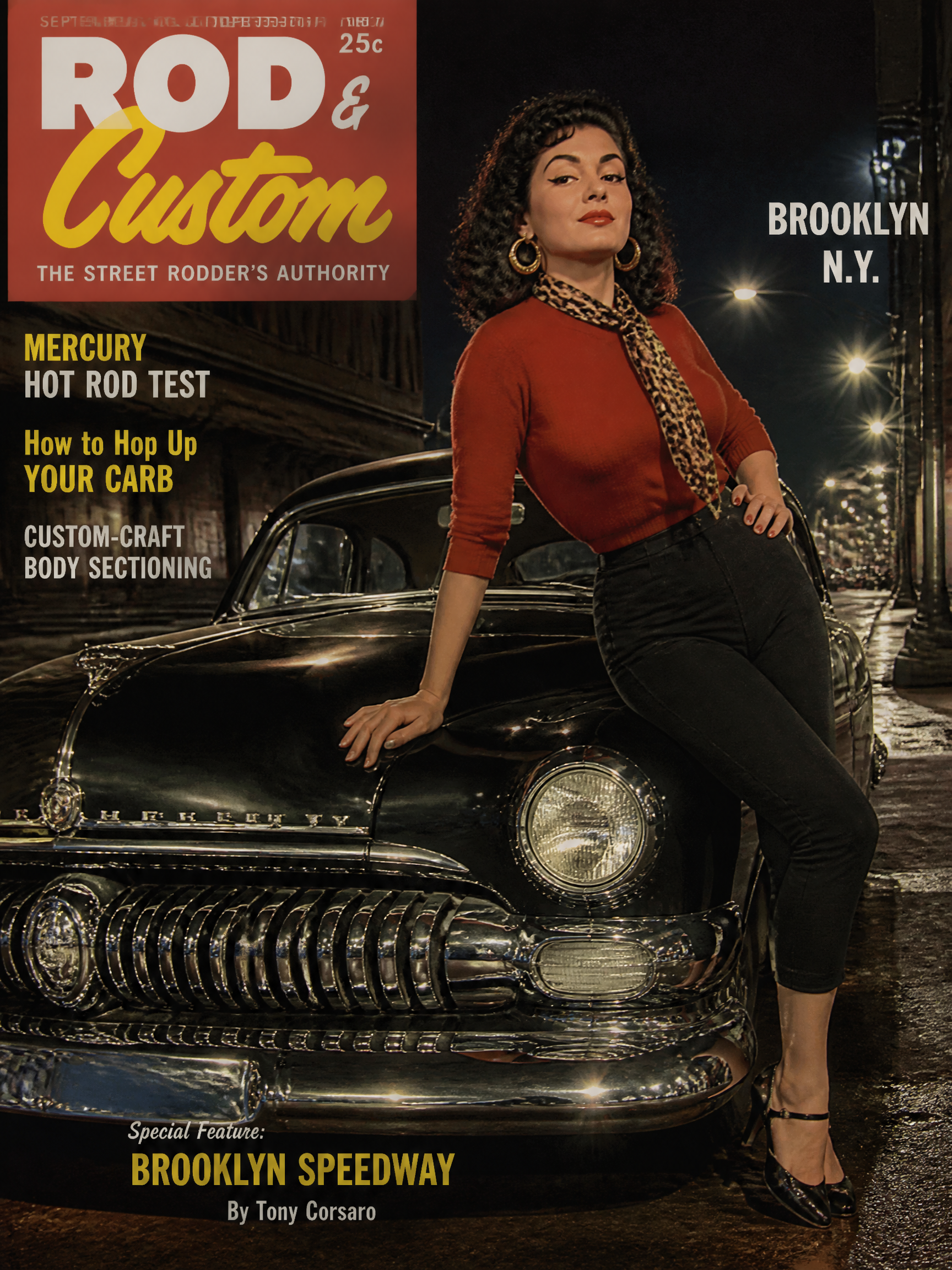 Vintage glossy cover featuring a woman in a red top leaning on a chrome classic car at night, Brooklyn NY.