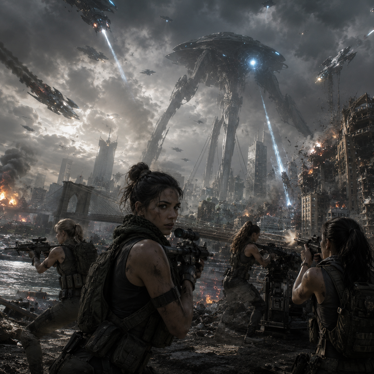 Post-apocalyptic city battle with soldiers facing giant alien tripod machines.