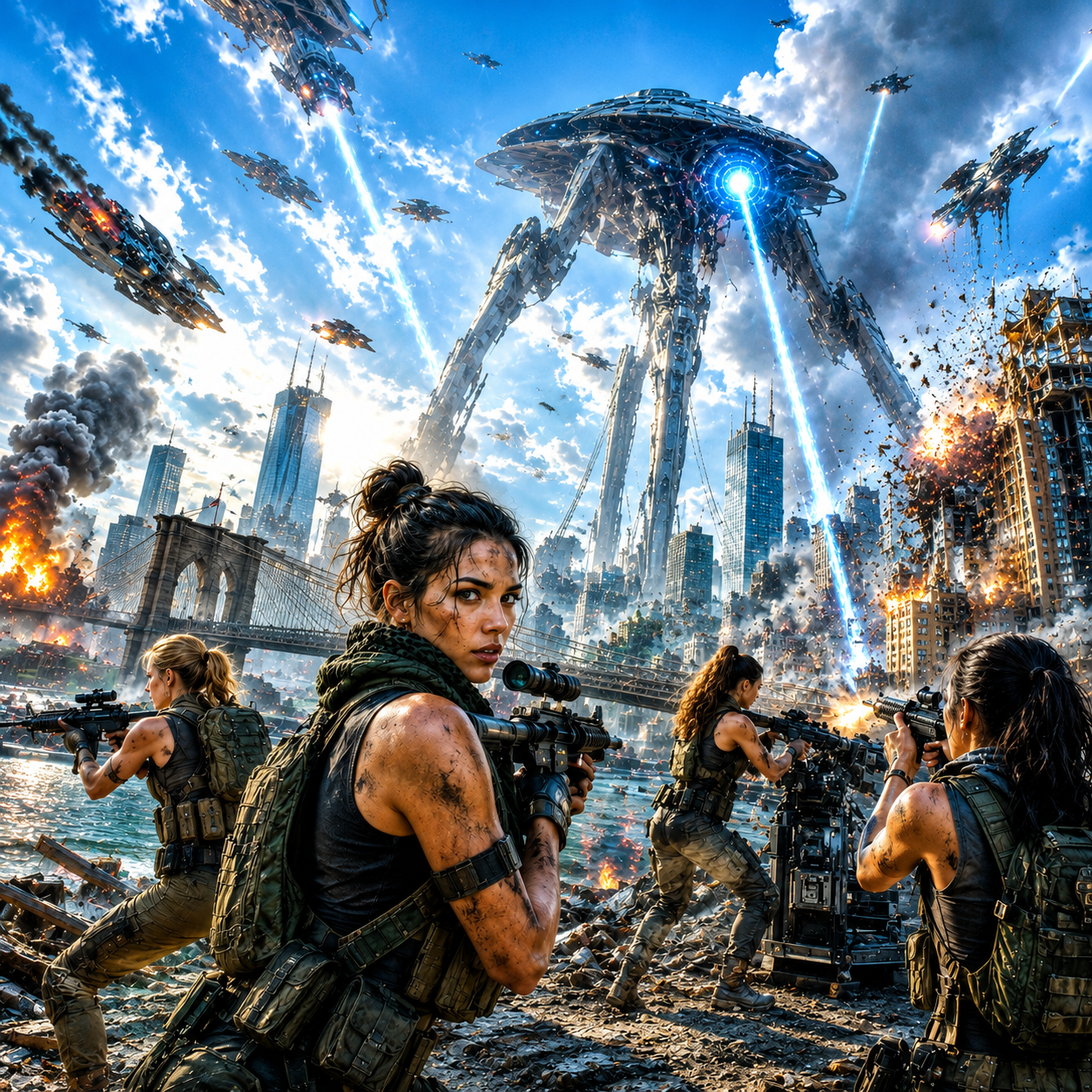 Soldiers in tactical gear fight near a ruined city as a colossal alien craft fires a blue beam.