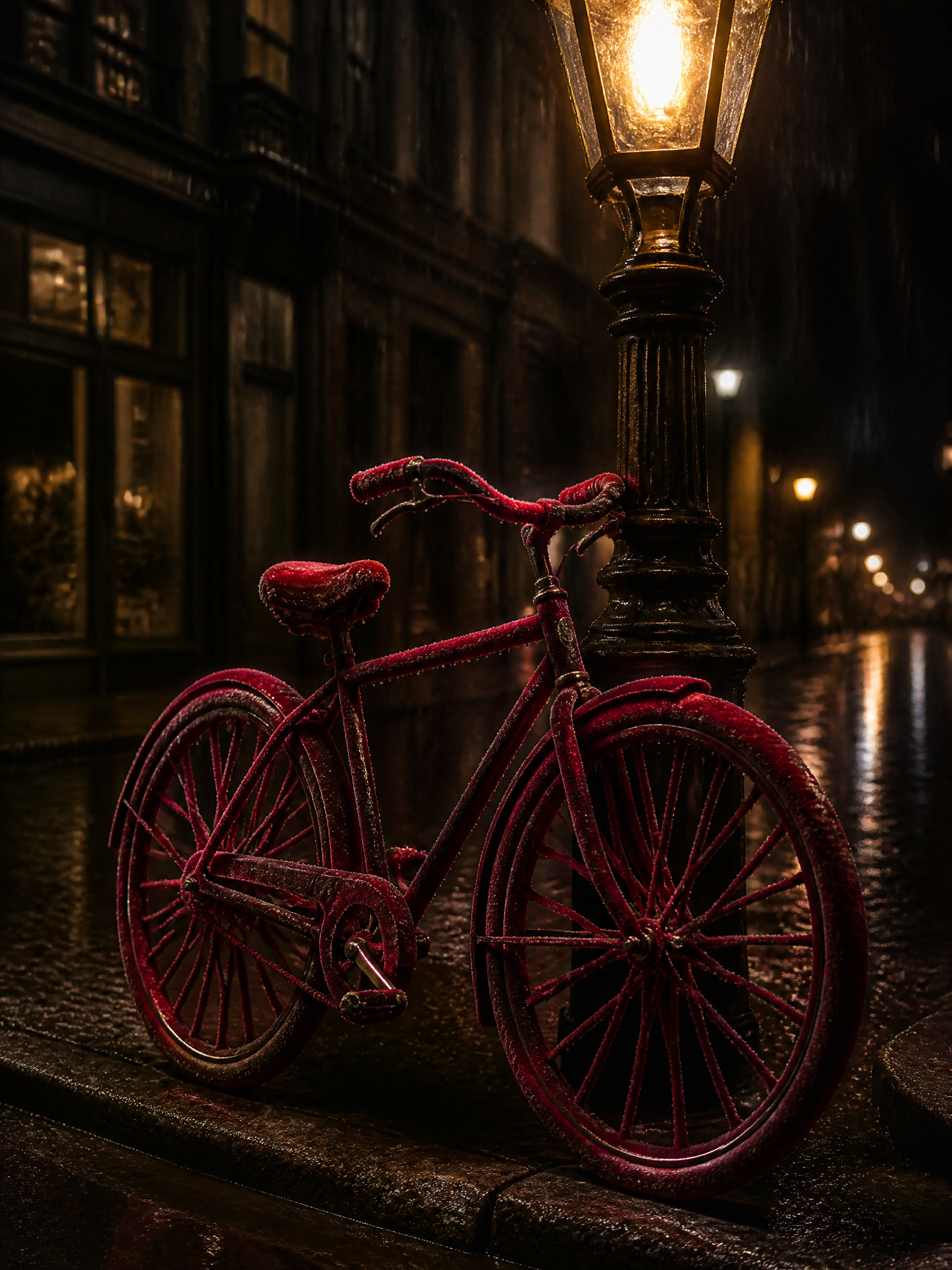 Red bicycle covered in frost leaning against a lamppost on a wet night street