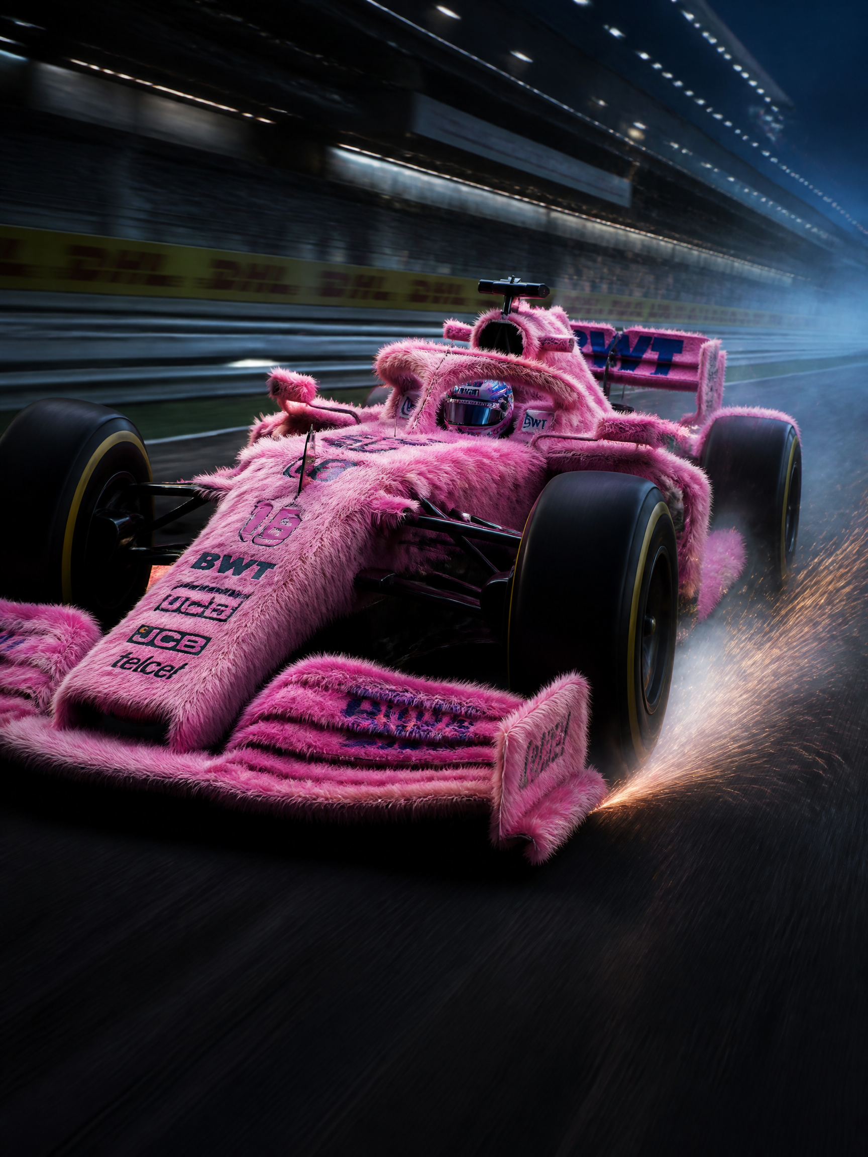 Pink fuzzy Formula 1 car racing on track with sparks and motion blur.