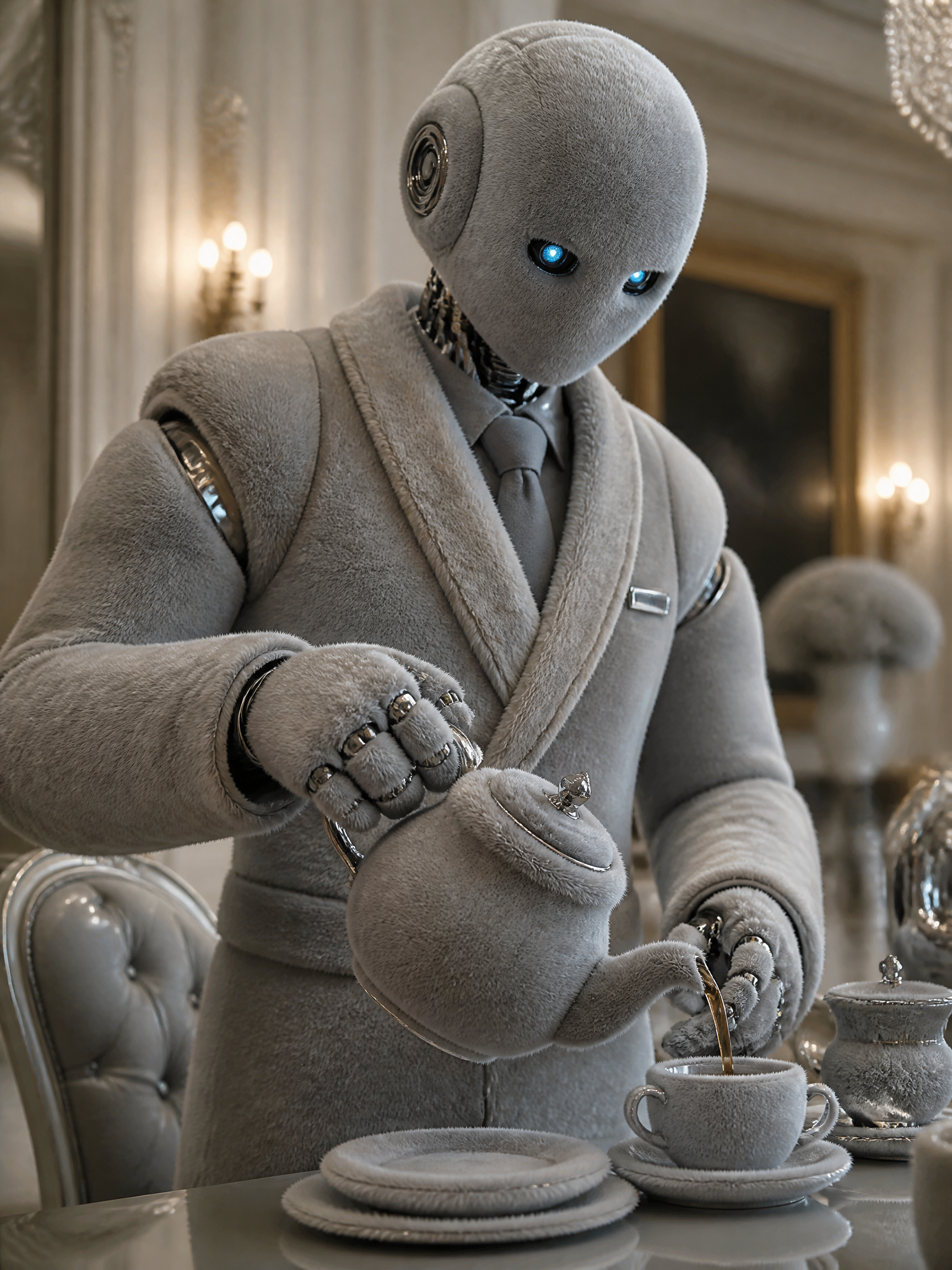 Grey plush-hued humanoid robot pouring tea at an elegant dining table.
