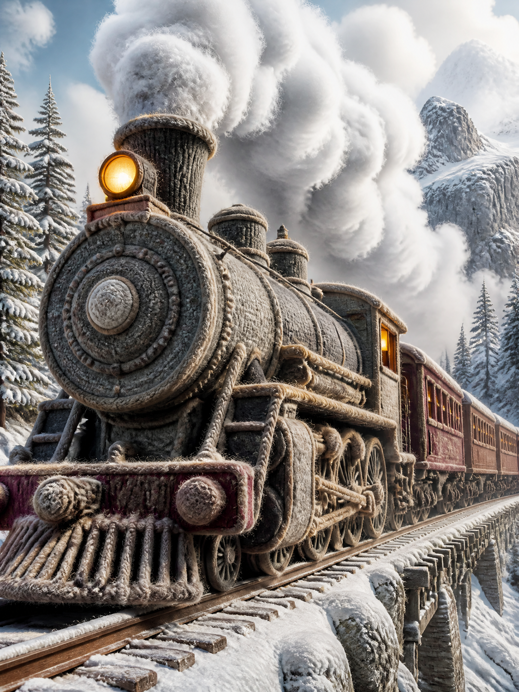 Vintage steam locomotive covered in frost on a snow-covered railway.