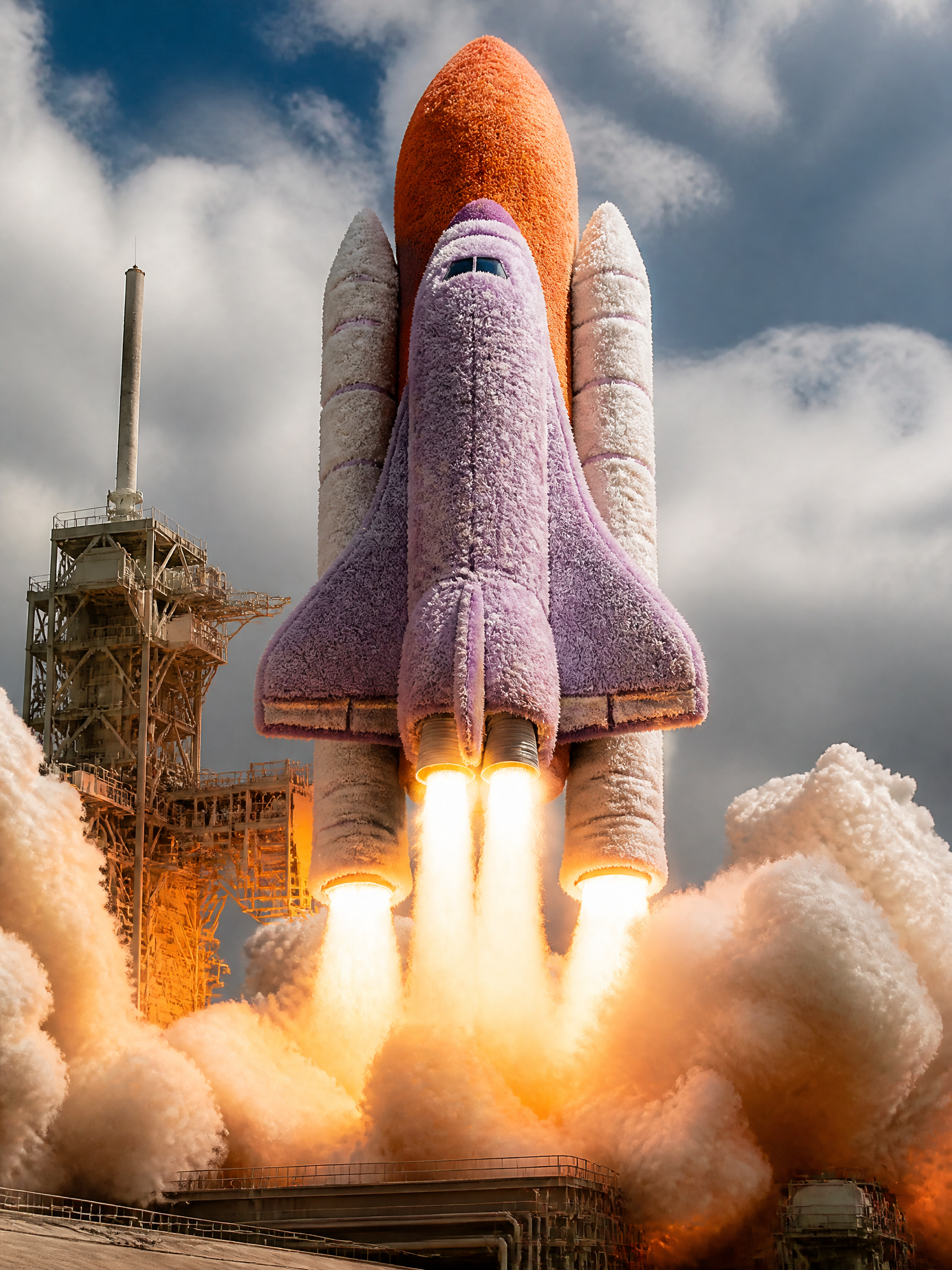 Colorful cartoon-style rocket blasting off with orange, purple, and white fins from a launchpad.