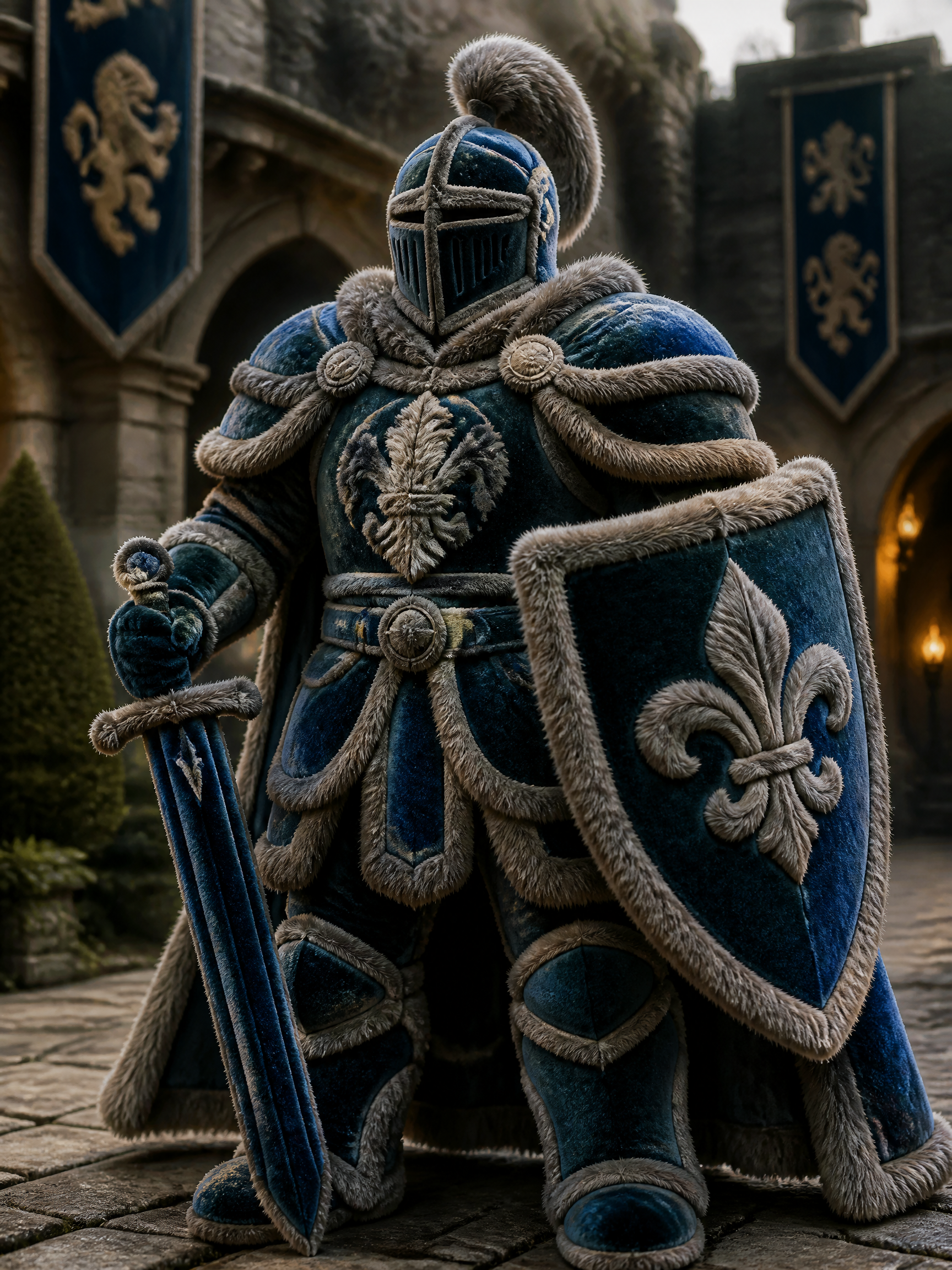 Blue armored knight with fur trim, shield and sword in a medieval castle courtyard.