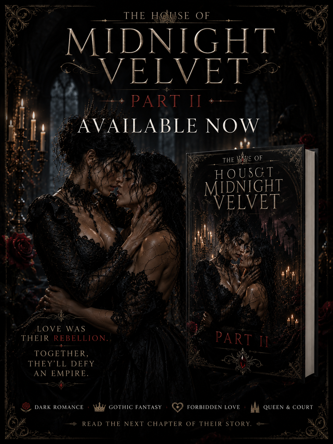 Gothic romance book cover for The House of Midnight Velvet Part II featuring two women embracing in a candlelit, ornate sc...