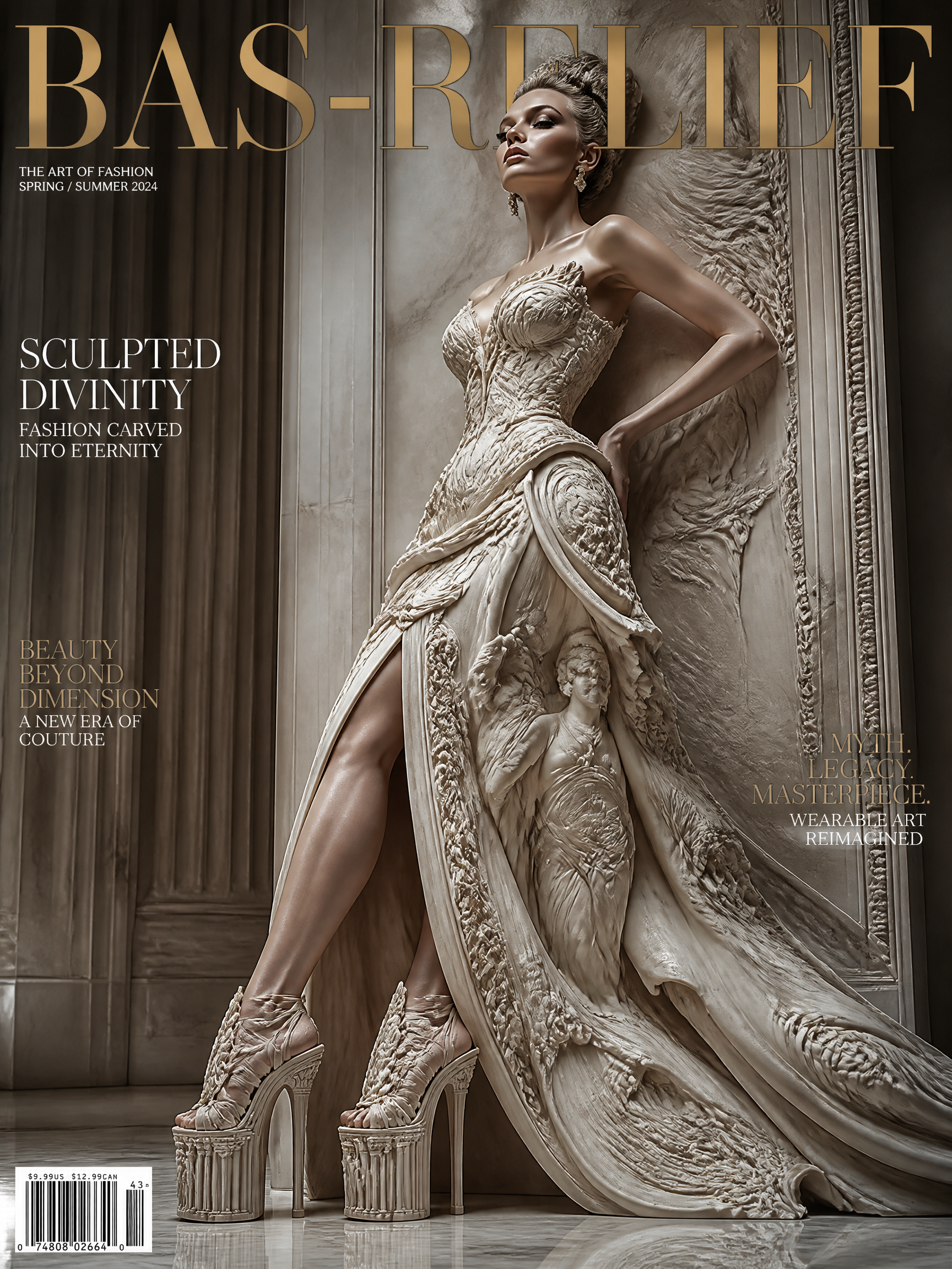 Model wearing an elaborate sculpted beige couture gown with high slit and platform heels on a marble backdrop.
