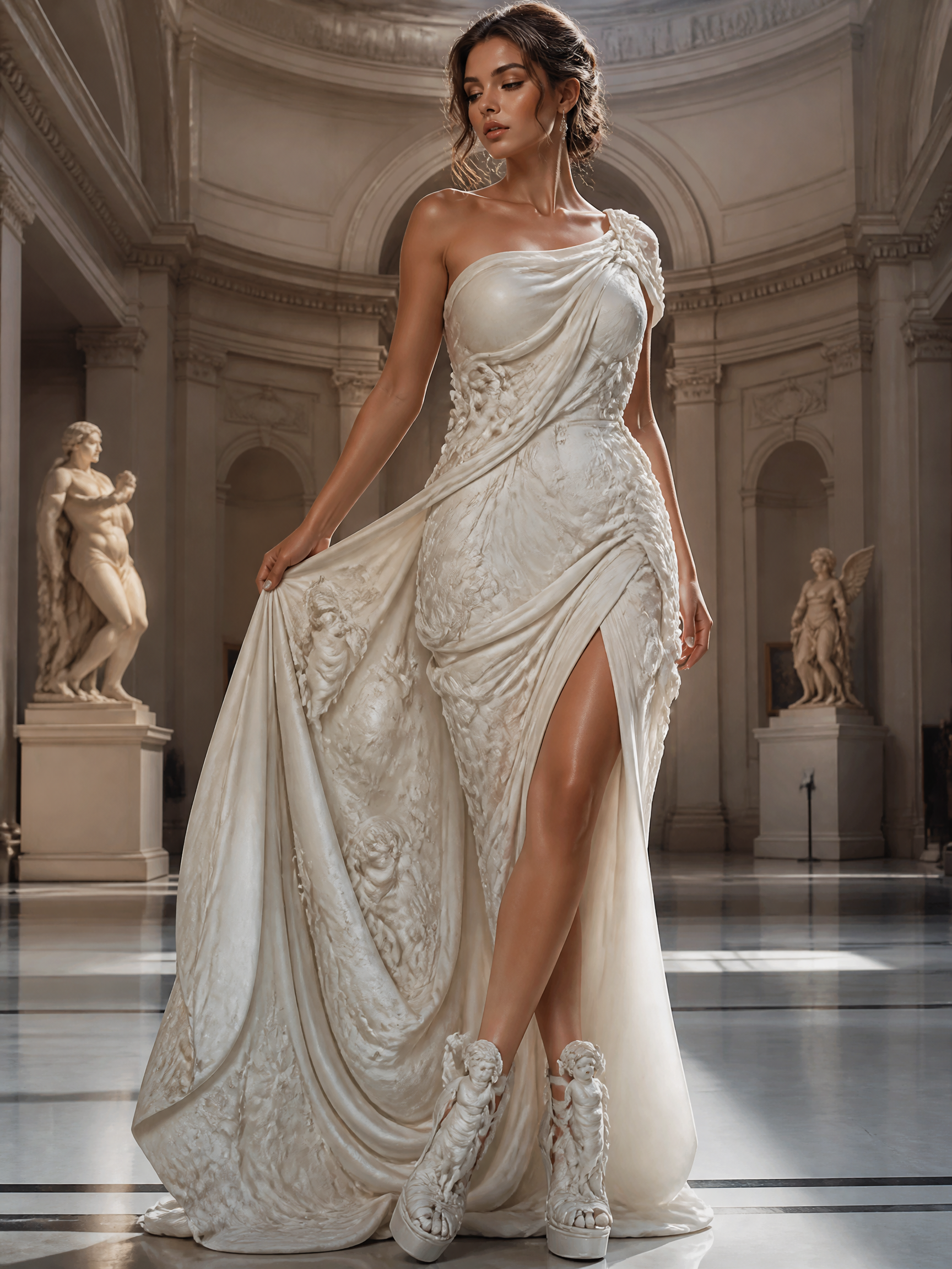 Elegant one-shoulder ivory gown with dramatic drape and high slit in a marble gallery.