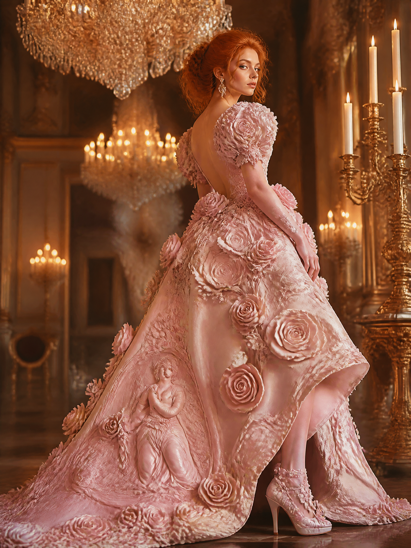 A woman in a voluminous pink rose-embellished ball gown in a chandelier-lit ballroom.