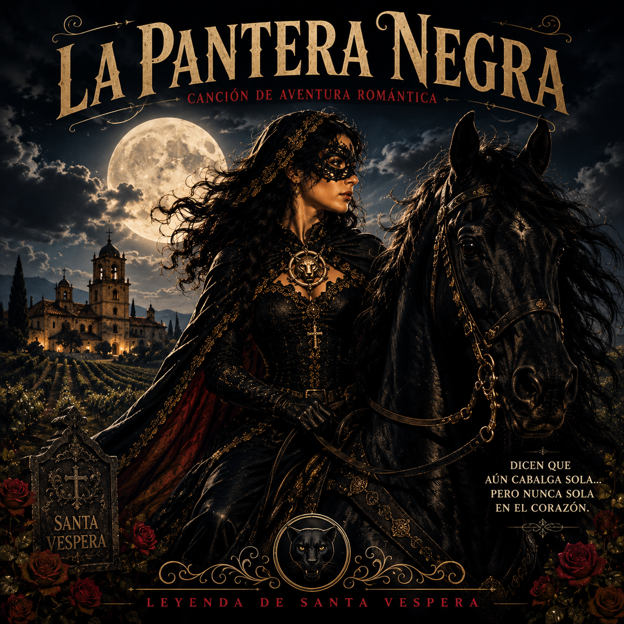 Gothic fantasy poster featuring a dark-clad woman on a black horse beneath a full moon.