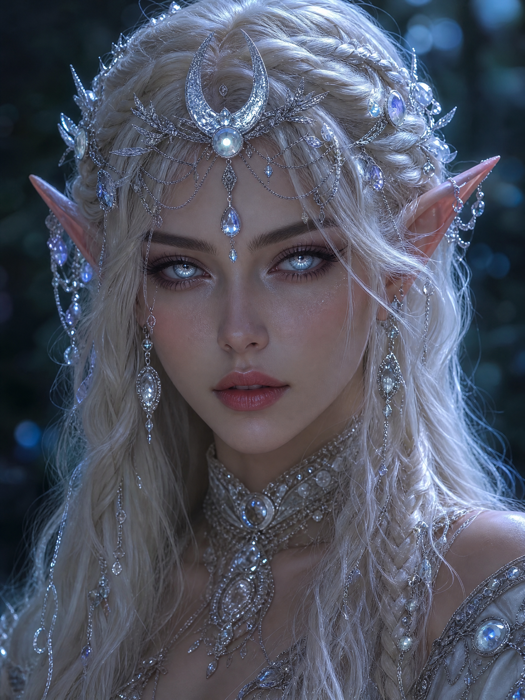Elven queen with silver crown and crystal jewelry, pale hair, and blue eyes.