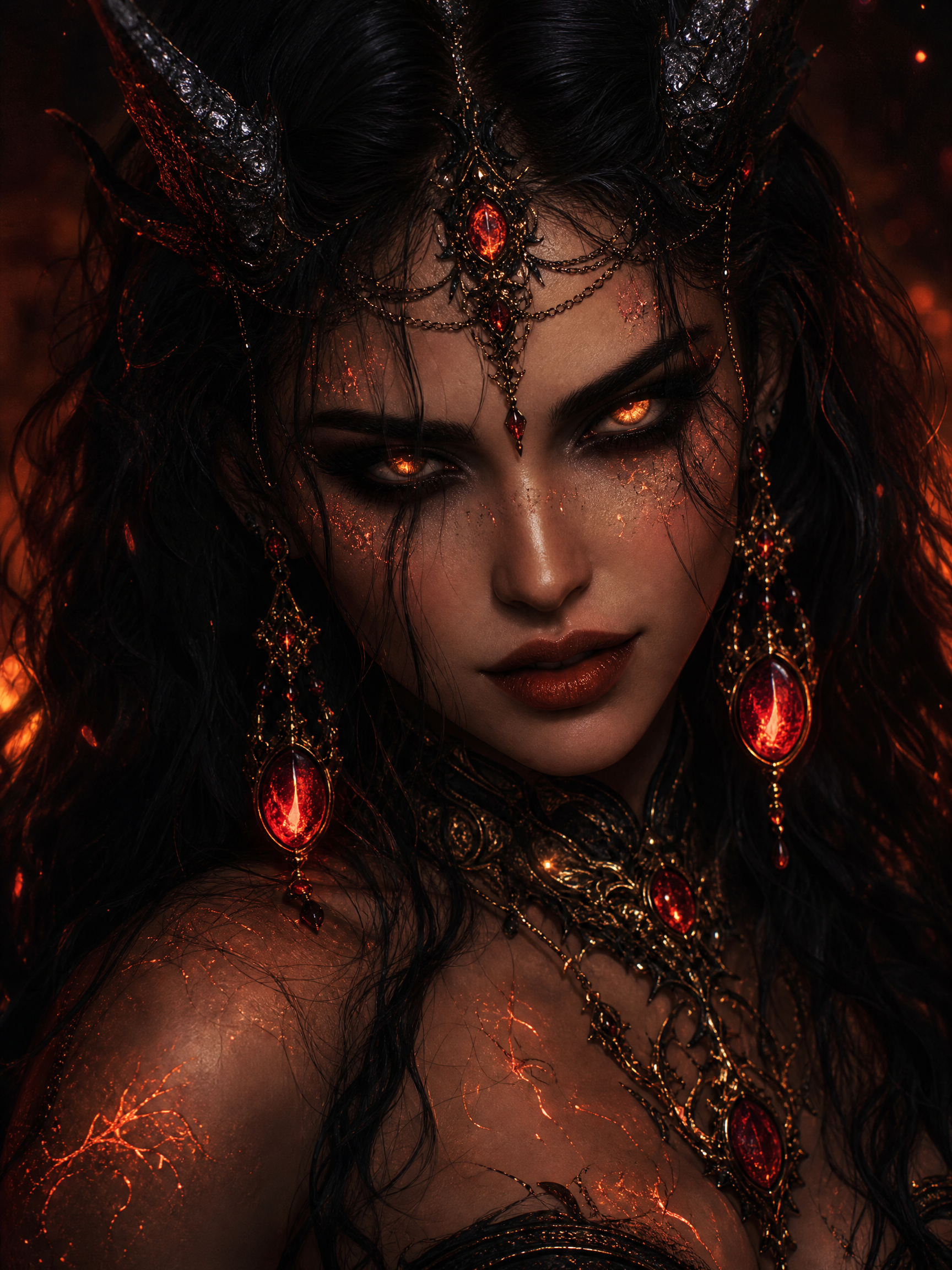 Dark fantasy demon queen with fiery eyes, horns, and ornate red gemstone jewelry.