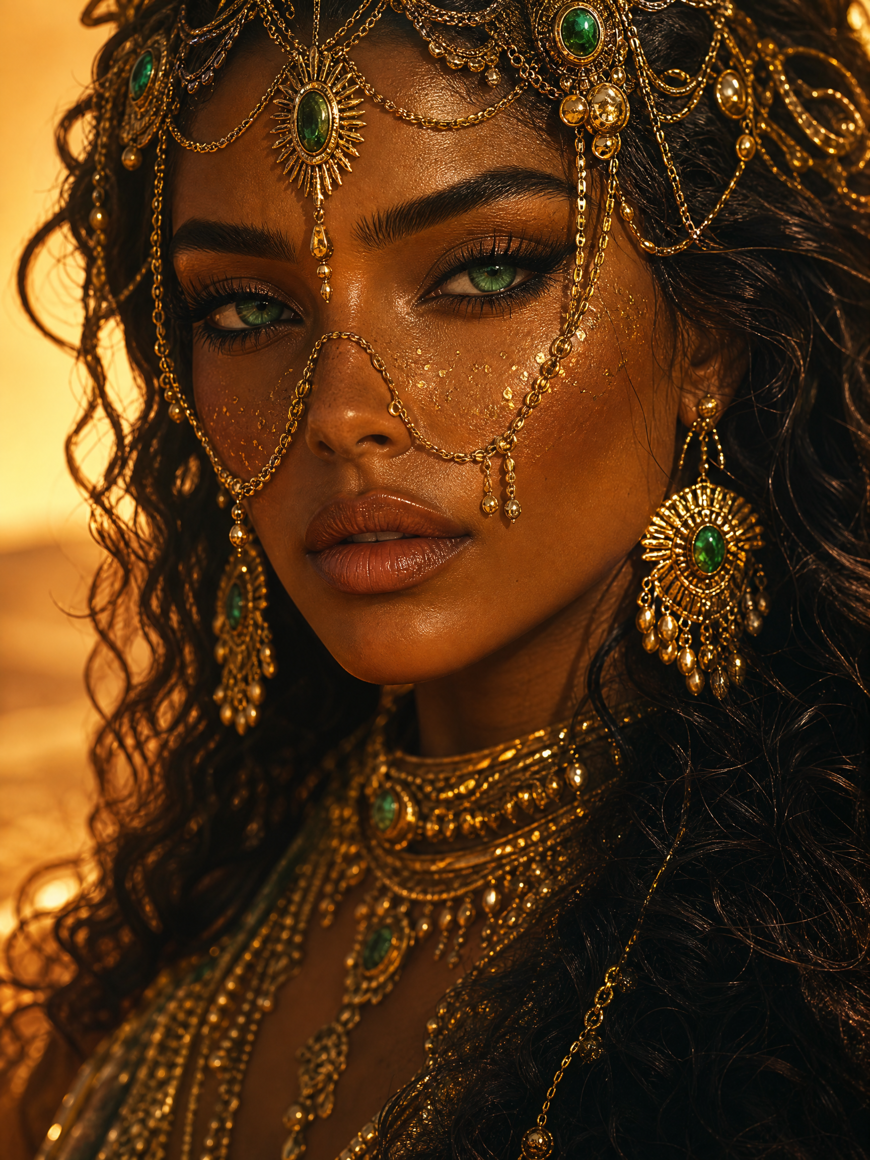 Woman with ornate gold jewelry and green gems, wearing chained face veil in warm golden light.