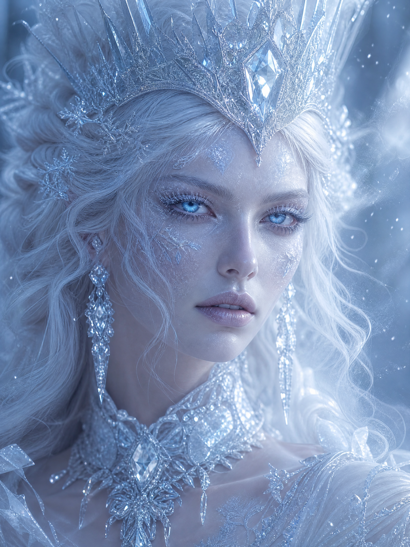 Ice queen wearing a crystal crown with icy makeup and blue eyes in a frosty portrait.