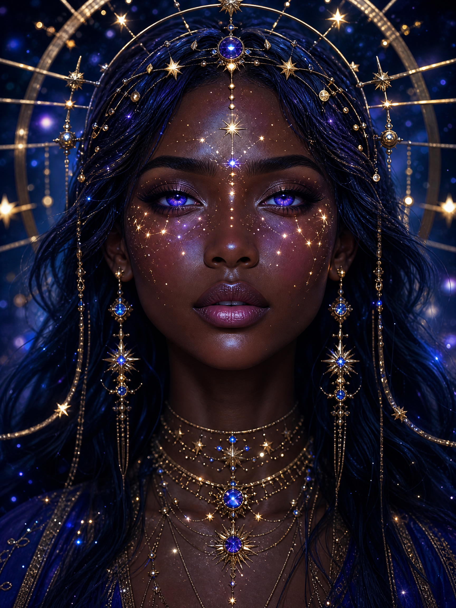 Portrait of a woman with blue hair, glowing star makeup, and celestial gold jewelry.